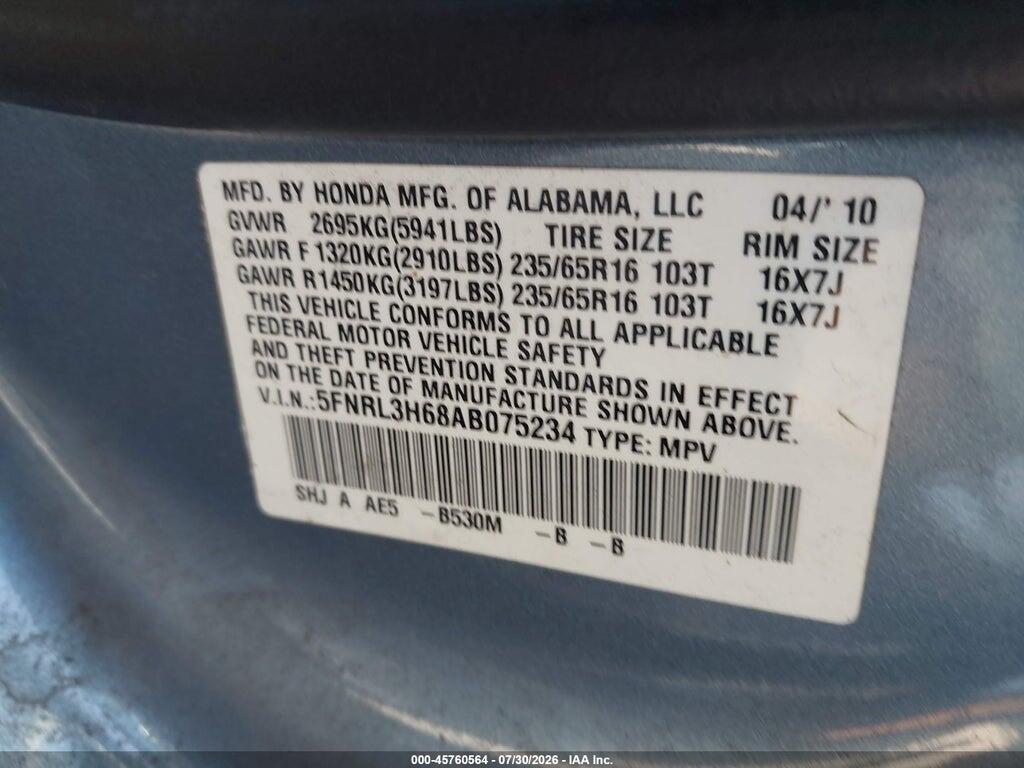 5FNRL3H68AB075234 2010 HONDA ODYSSEY photo no. 9