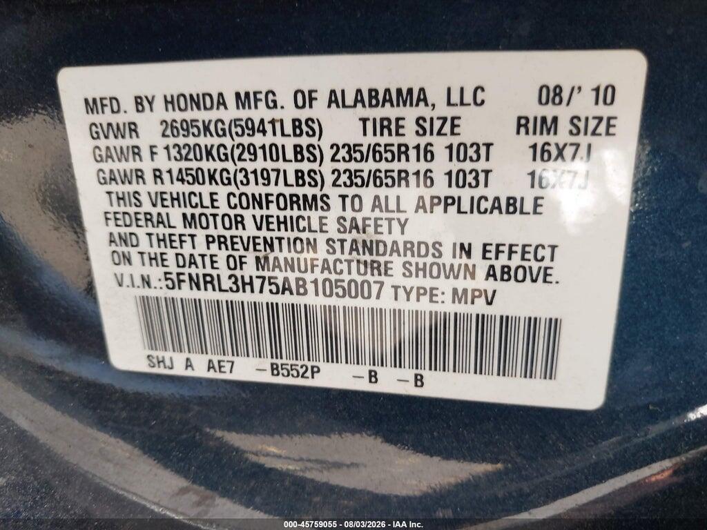 5FNRL3H75AB105007 2010 HONDA ODYSSEY photo no. 9