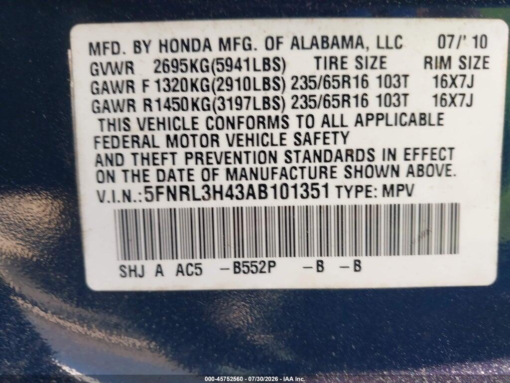 5FNRL3H43AB101351 2010 HONDA ODYSSEY photo no. 9