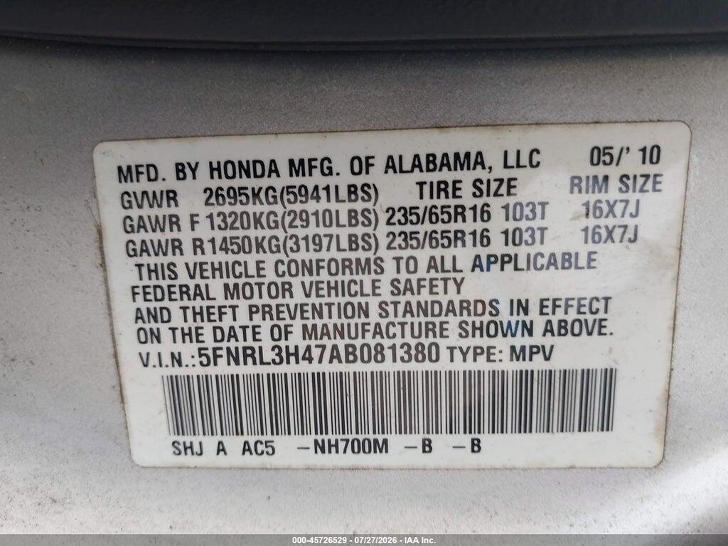 5FNRL3H47AB081380 2010 HONDA ODYSSEY photo no. 9