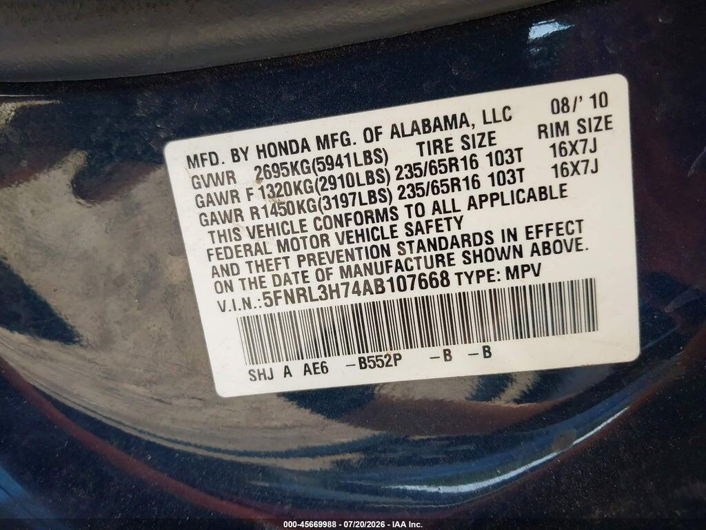 5FNRL3H74AB107668 2010 HONDA ODYSSEY photo no. 9