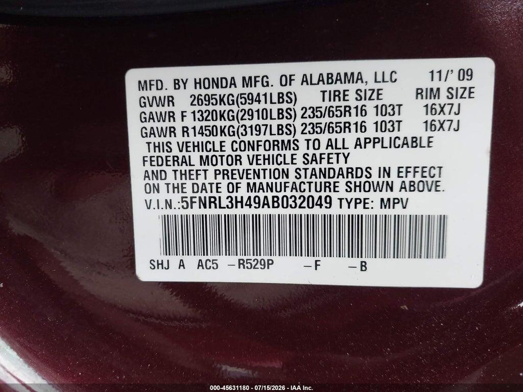 5FNRL3H49AB032049 2010 HONDA ODYSSEY photo no. 9