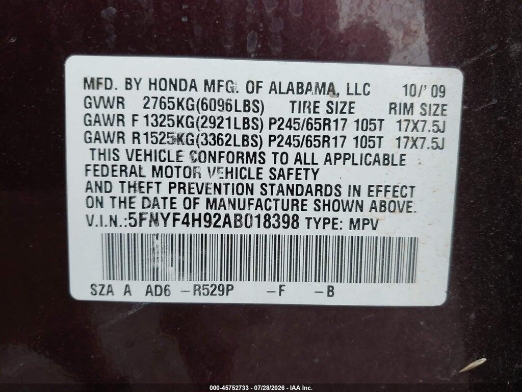 5FNYF4H92AB018398 2010 HONDA PILOT photo no. 9