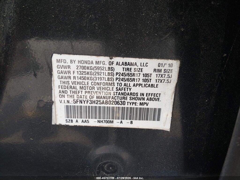 5FNYF3H25AB020630 2010 HONDA PILOT photo no. 9