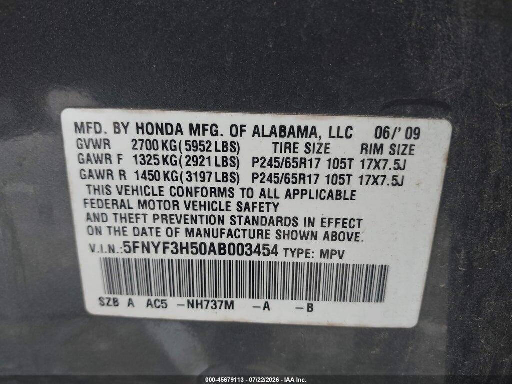 5FNYF3H50AB003454 2010 HONDA PILOT photo no. 9