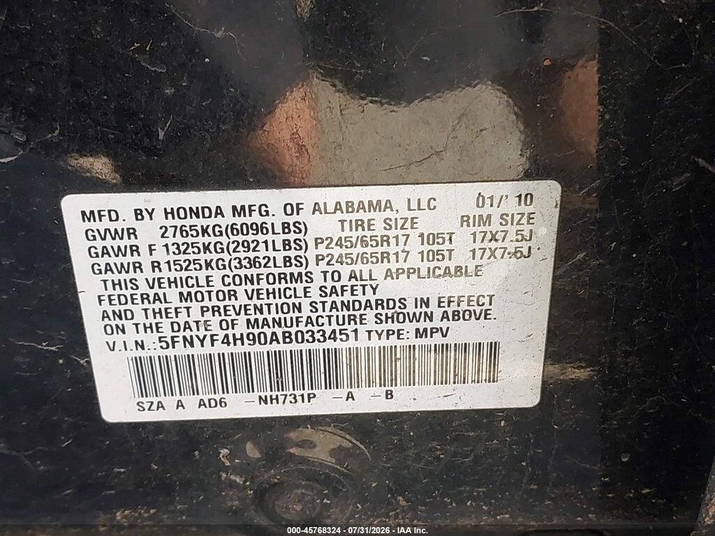 5FNYF4H90AB033451 2010 HONDA PILOT photo no. 9