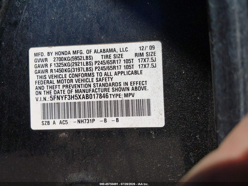 5FNYF3H5XAB017846 2010 HONDA PILOT photo no. 9