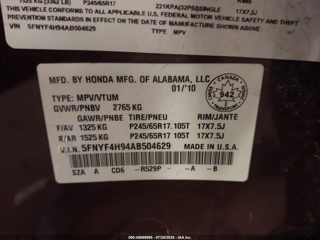 5FNYF4H94AB504629 2010 HONDA PILOT photo no. 9