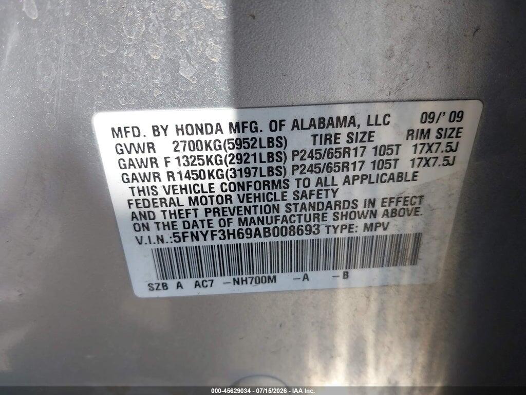 5FNYF3H69AB008693 2010 HONDA PILOT photo no. 9