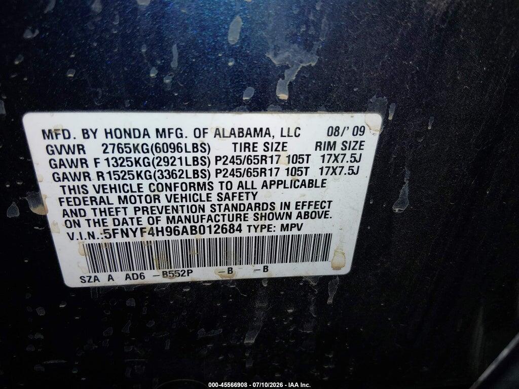 5FNYF4H96AB012684 2010 HONDA PILOT photo no. 9