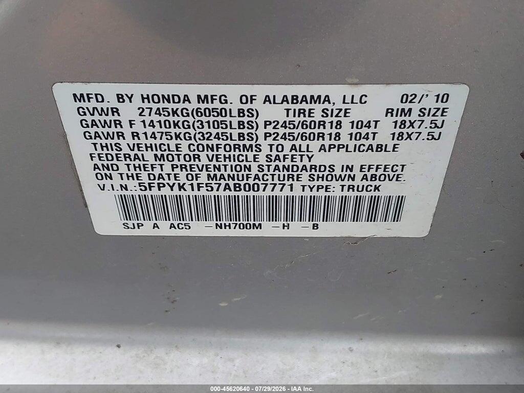 5FPYK1F57AB007771 2010 HONDA RIDGELINE photo no. 9