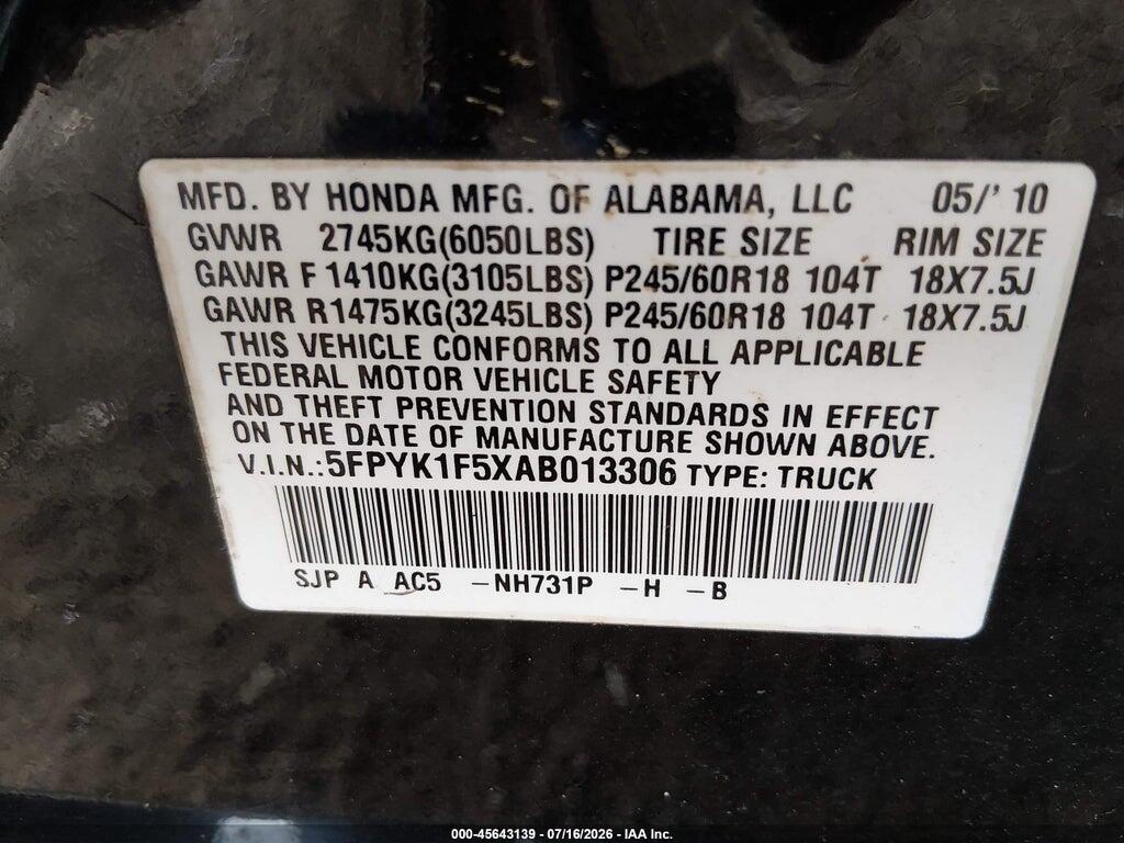 5FPYK1F5XAB013306 2010 HONDA RIDGELINE photo no. 9