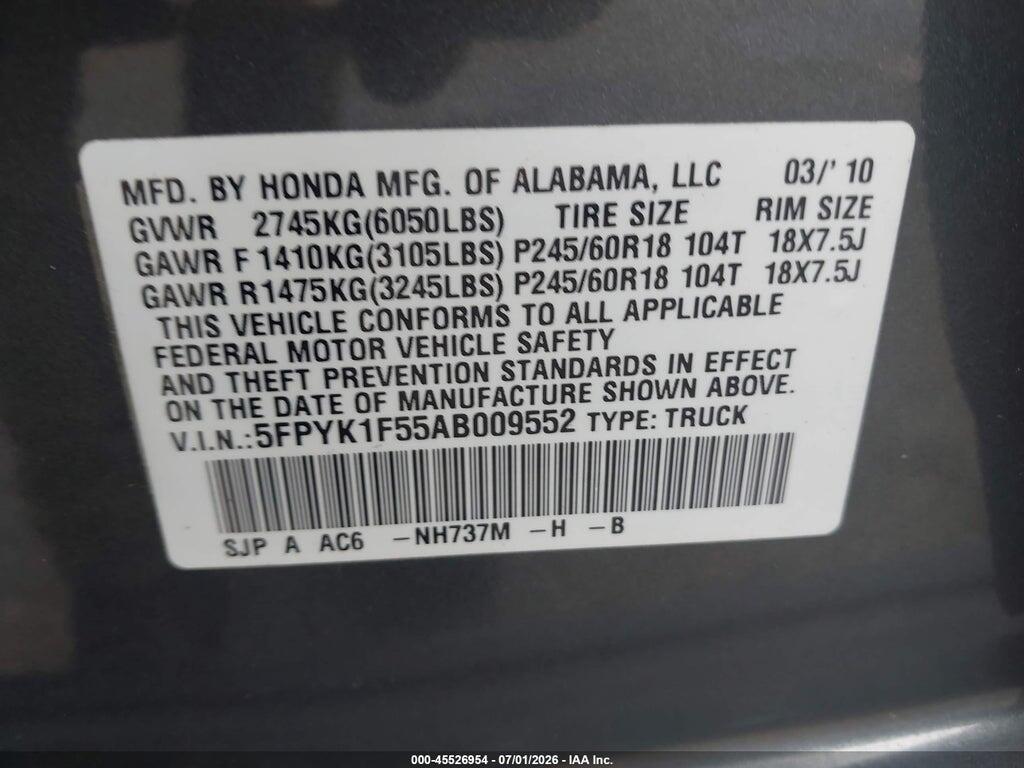 5FPYK1F55AB009552 2010 HONDA RIDGELINE photo no. 9