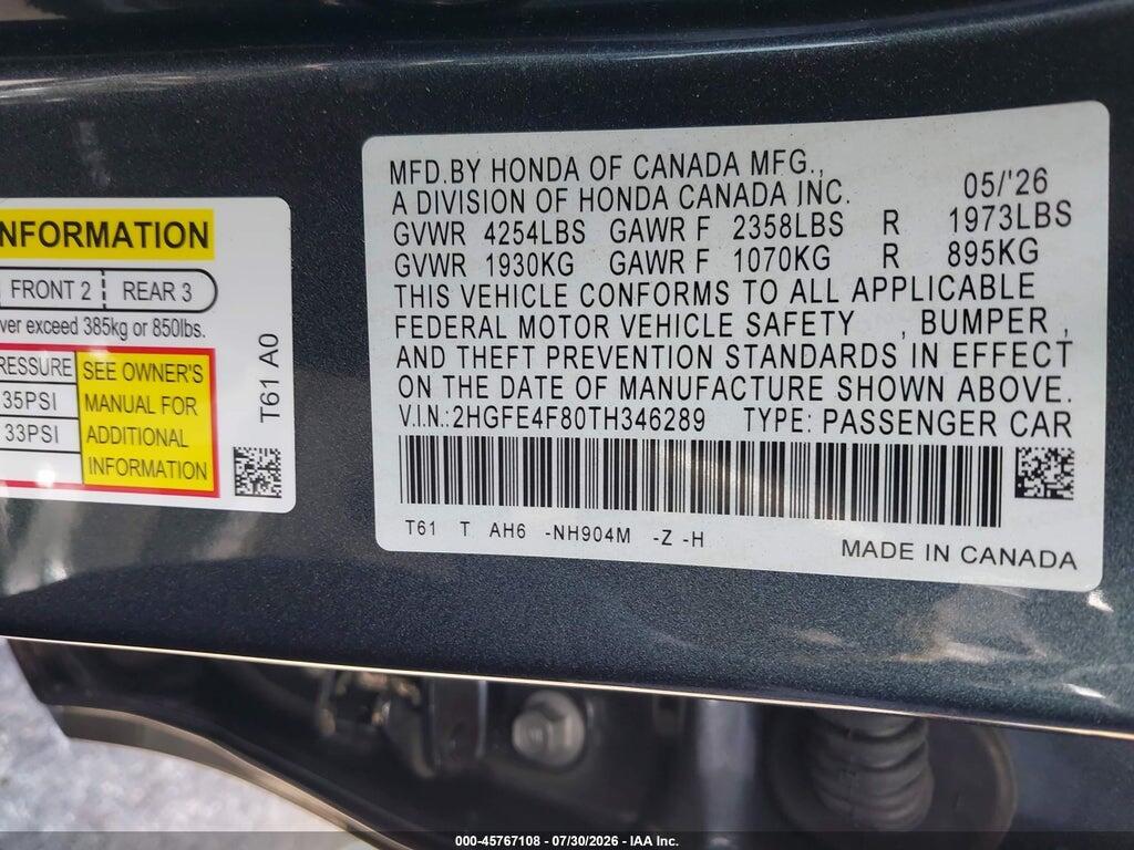 2HGFE4F80TH346289 2026 HONDA CIVIC HYBRID photo no. 9