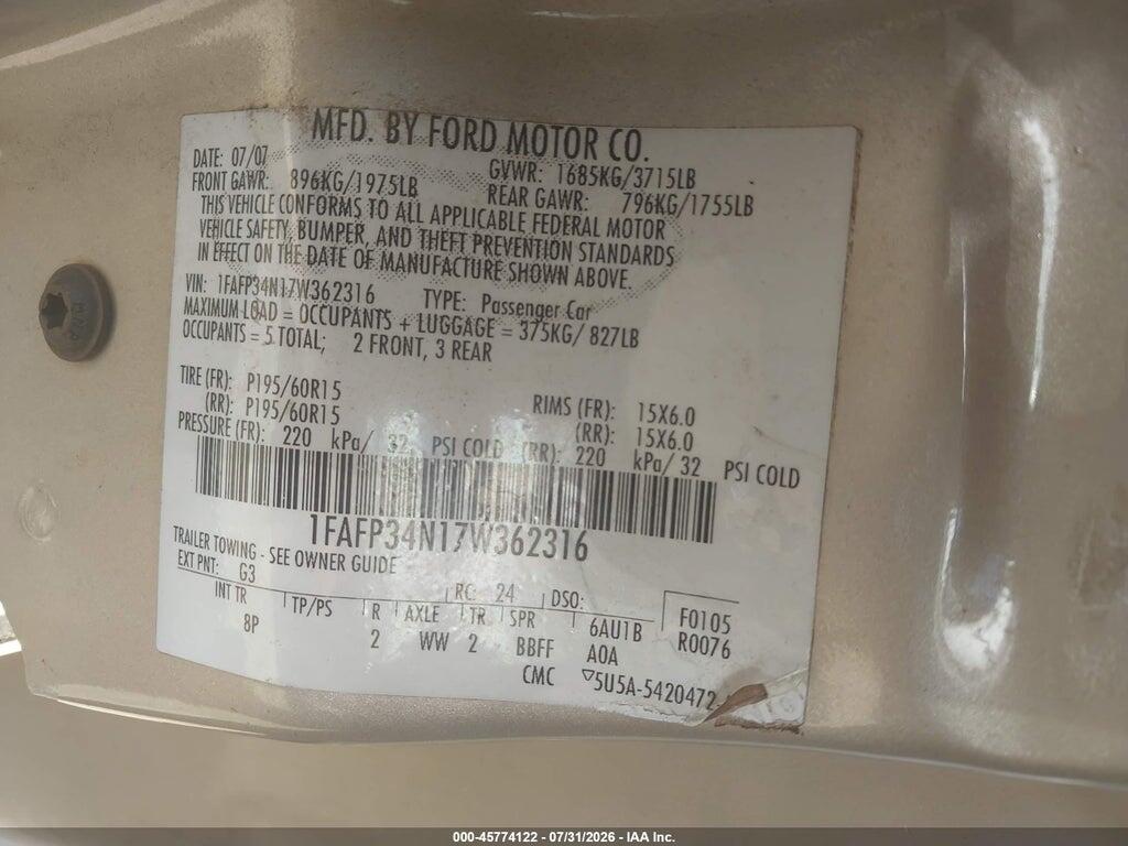 1FAFP34N17W362316 2007 FORD FOCUS photo no. 9