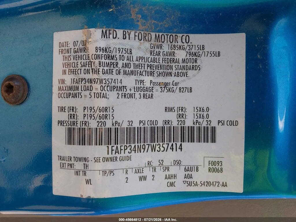 1FAFP34N97W357414 2007 FORD FOCUS photo no. 9