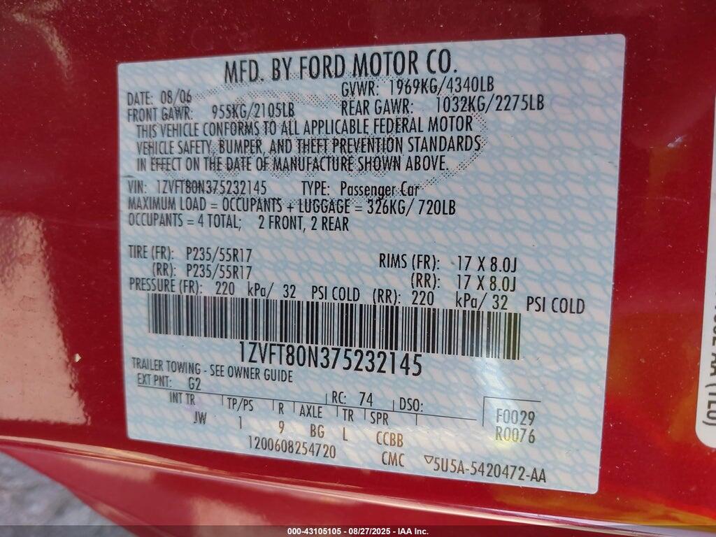1ZVFT80N375232145 2007 FORD MUSTANG photo no. 9