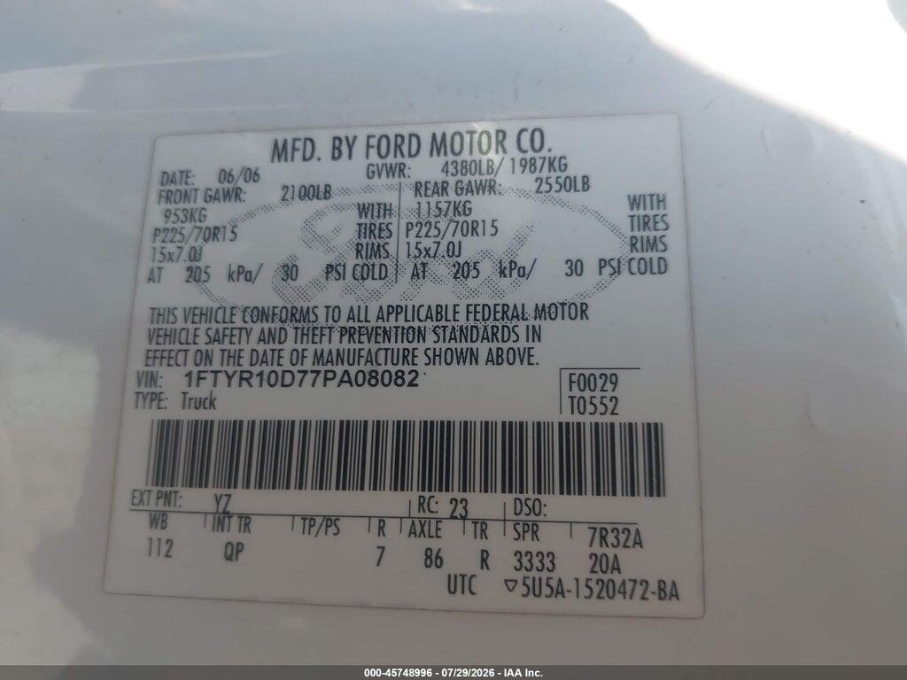1FTYR10D77PA08082 2007 FORD RANGER photo no. 9