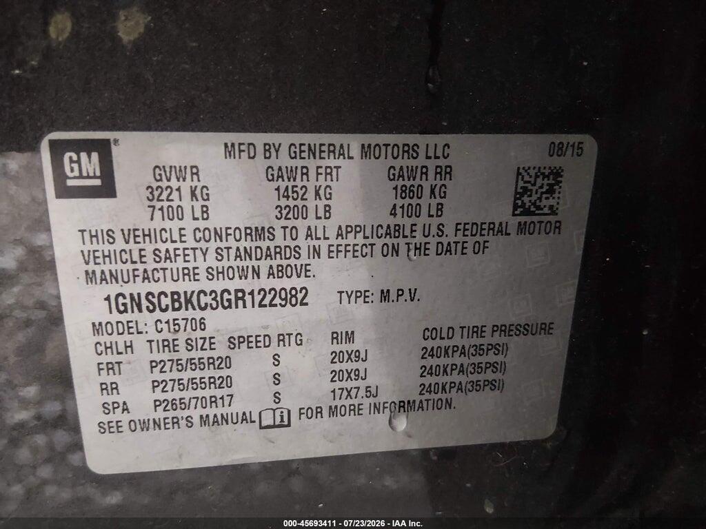 1GNSCBKC3GR122982 2016 CHEVROLET TAHOE photo no. 9