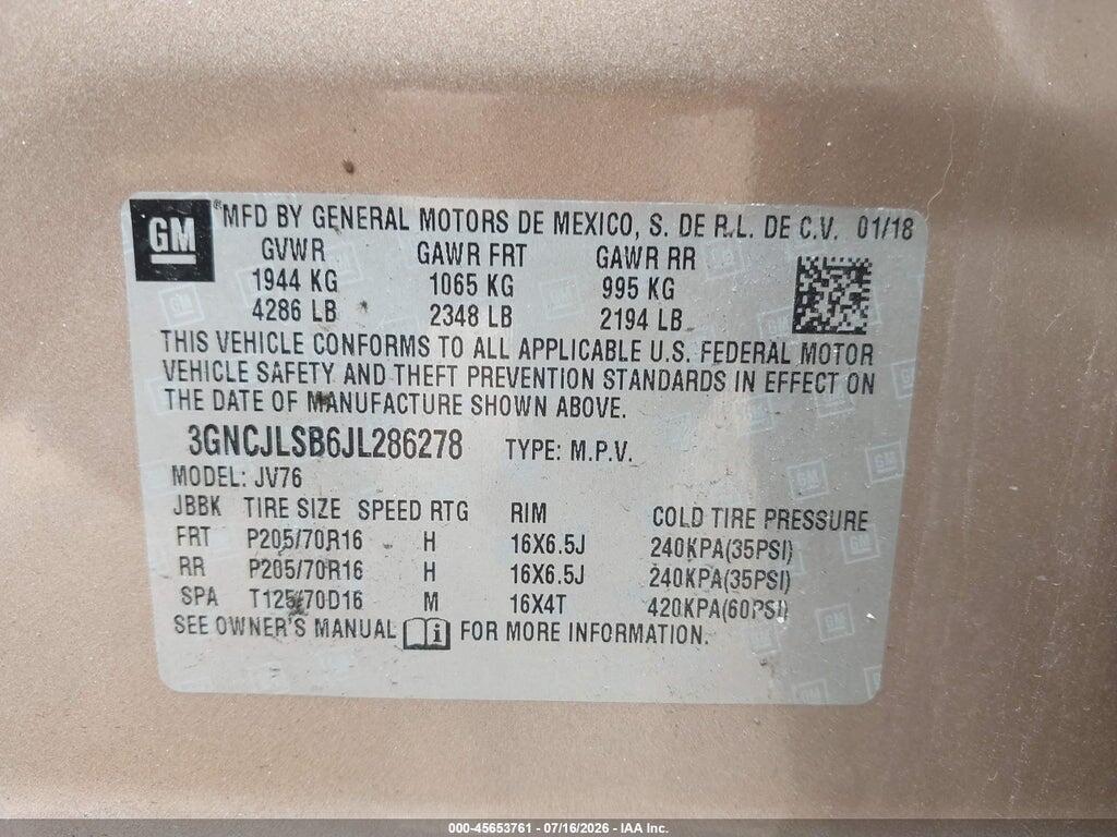 3GNCJLSB6JL286278 2018 CHEVROLET TRAX photo no. 9