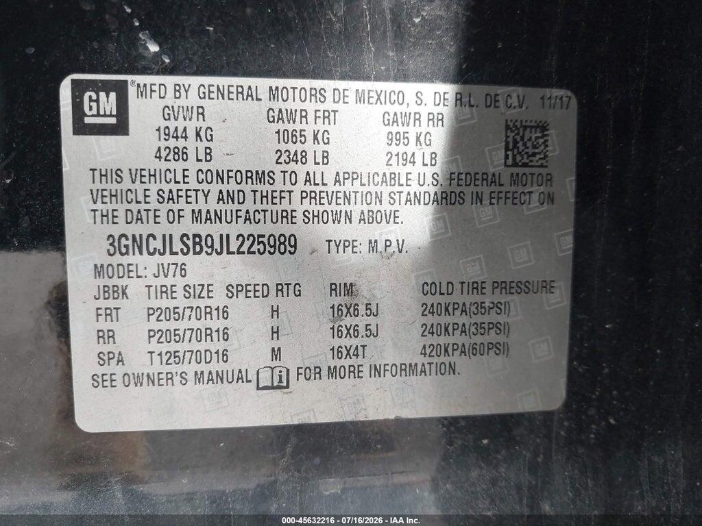 3GNCJLSB9JL225989 2018 CHEVROLET TRAX photo no. 9