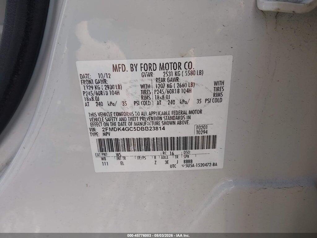 2FMDK4GC5DBB23814 2013 FORD EDGE photo no. 9