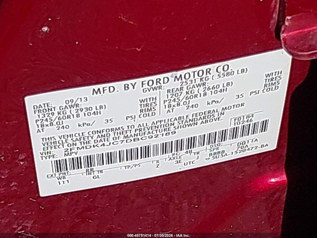2FMDK4JC7DBC92189 2013 FORD EDGE photo no. 9