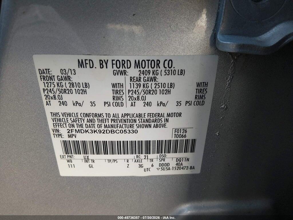 2FMDK3K92DBC05330 2013 FORD EDGE photo no. 9