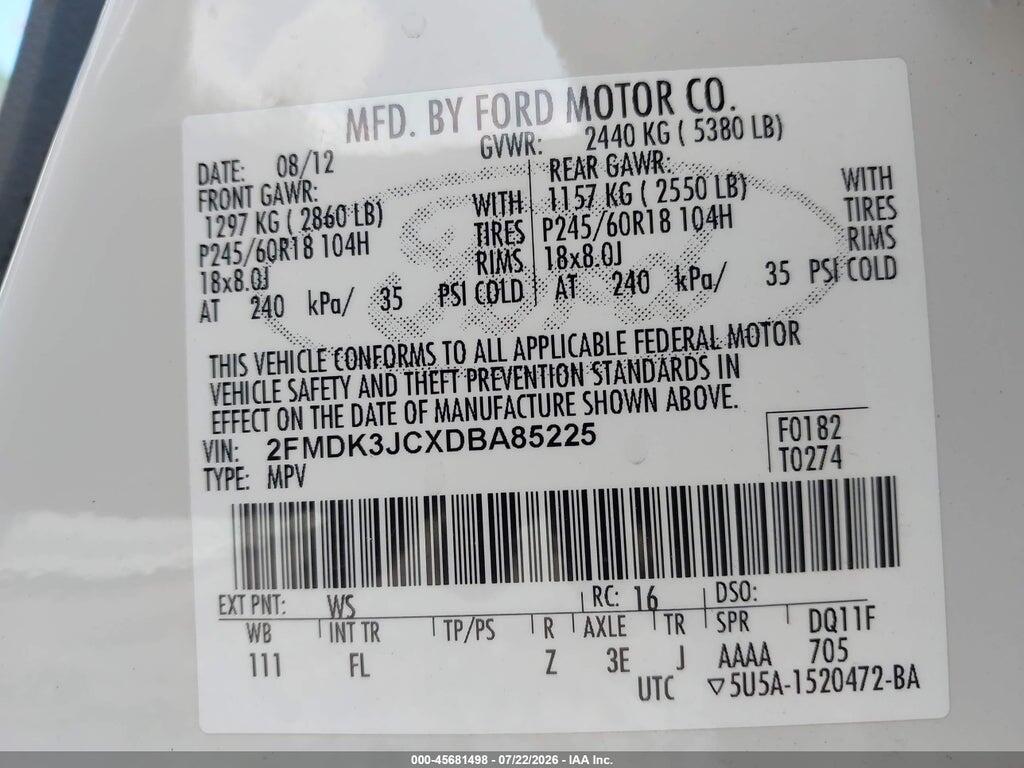 2FMDK3JCXDBA85225 2013 FORD EDGE photo no. 9