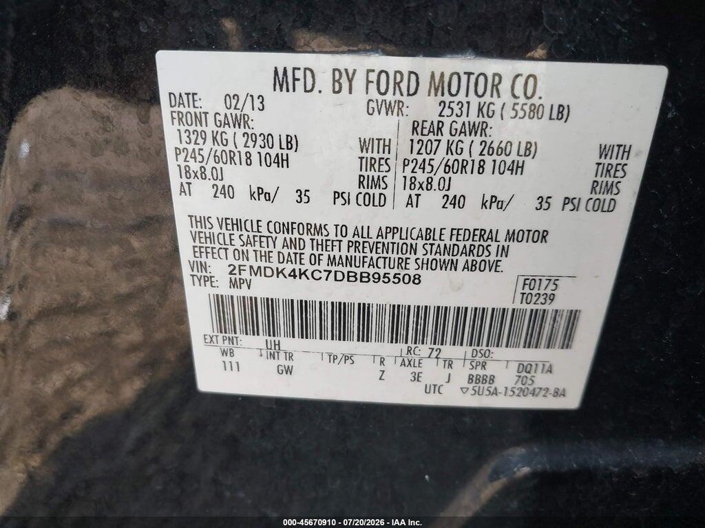 2FMDK4KC7DBB95508 2013 FORD EDGE photo no. 9