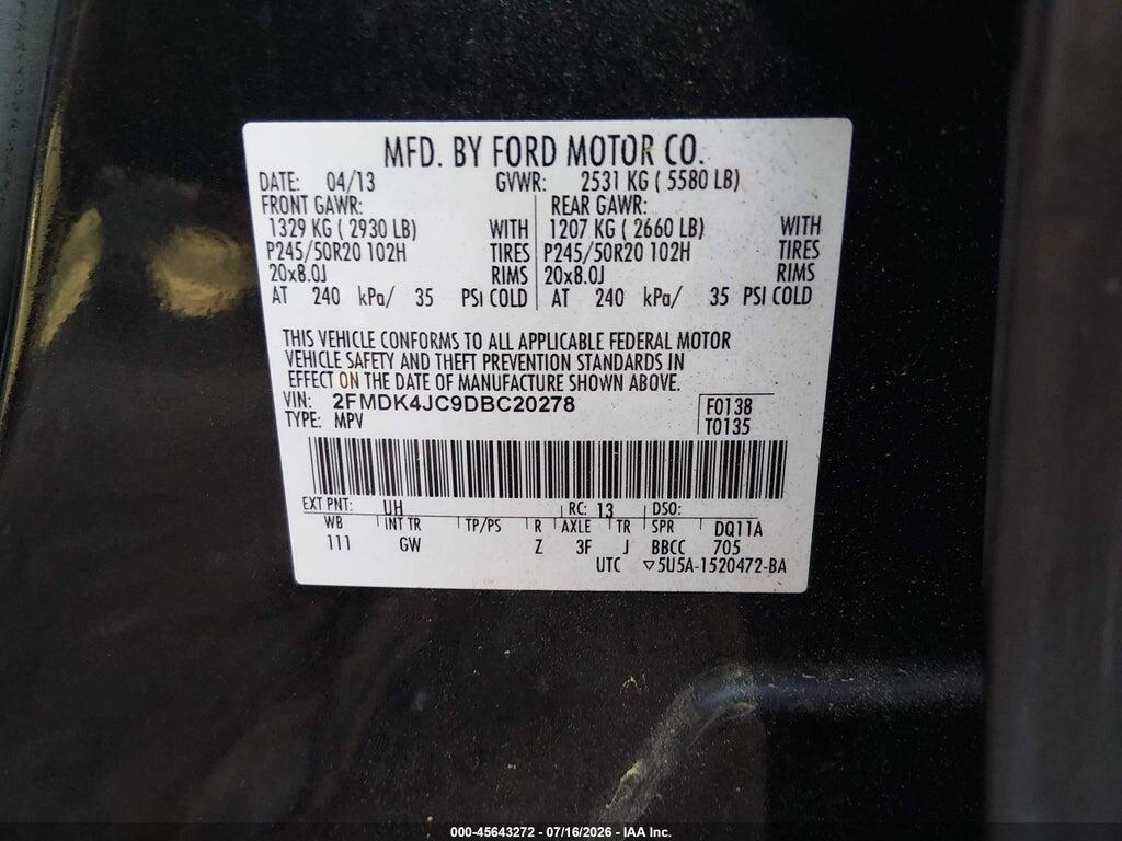 2FMDK4JC9DBC20278 2013 FORD EDGE photo no. 9