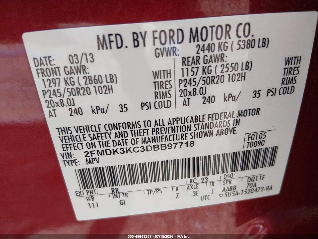 2FMDK3KC3DBB97718 2013 FORD EDGE photo no. 9