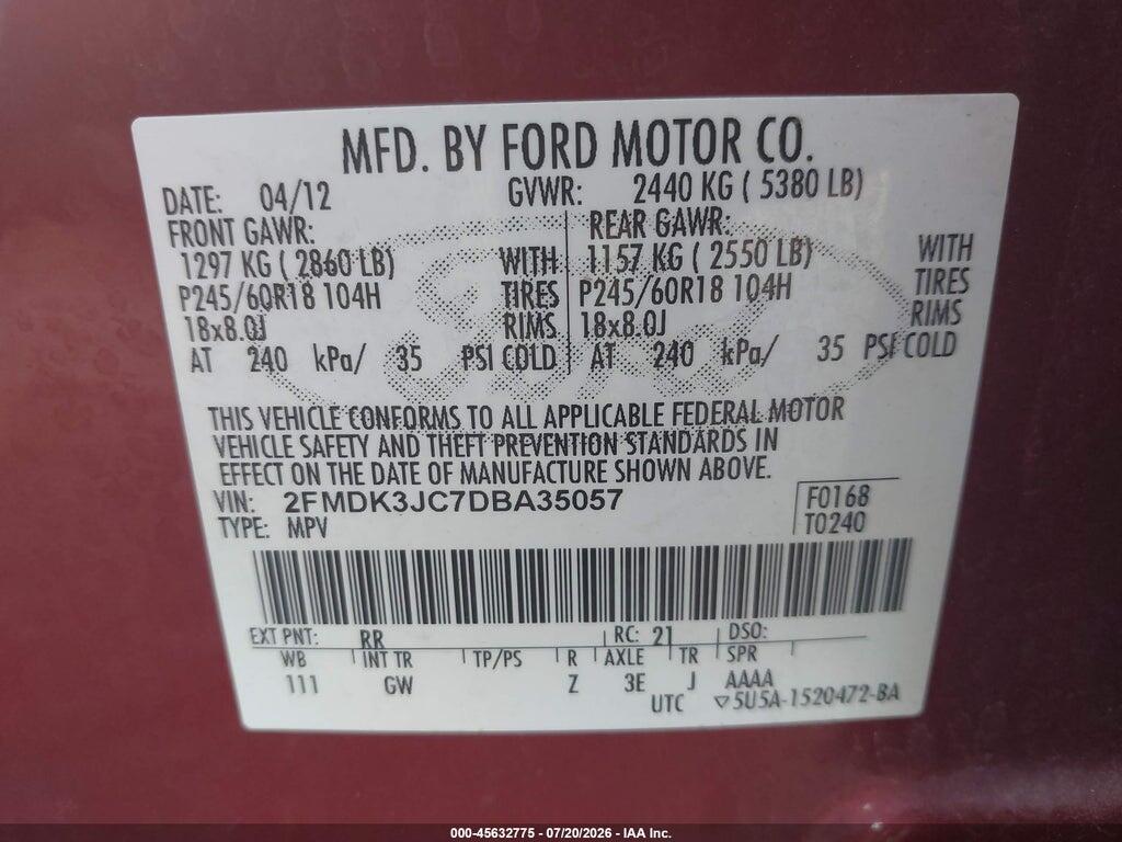 2FMDK3JC7DBA35057 2013 FORD EDGE photo no. 9