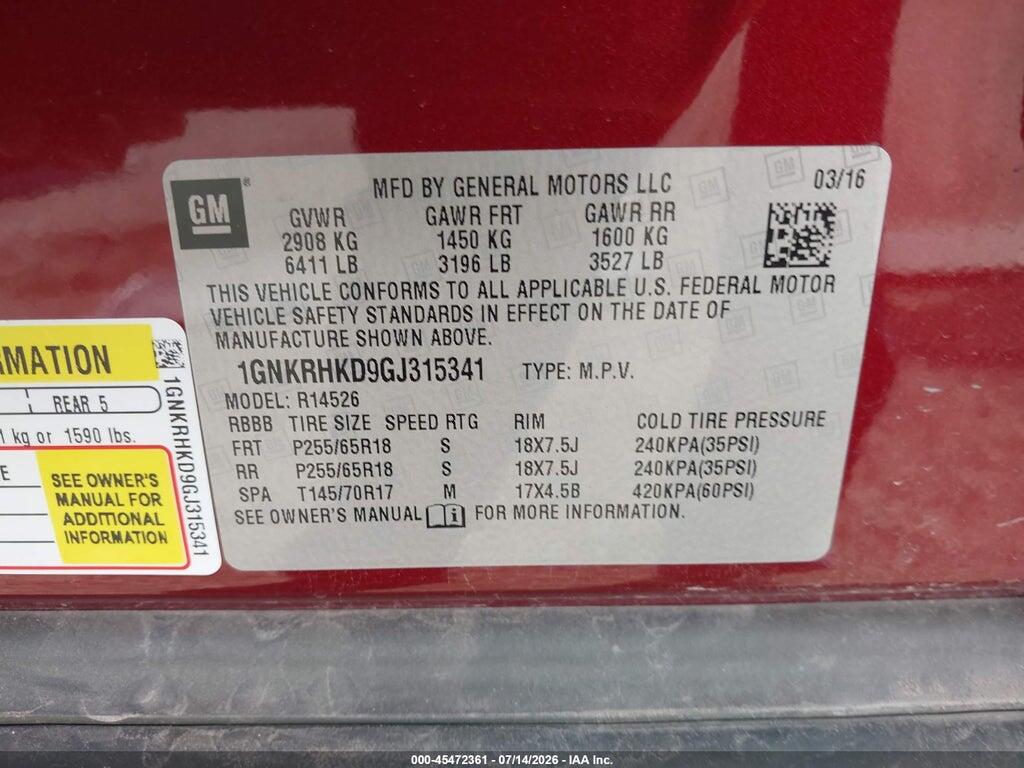 1GNKRHKD9GJ315341 2016 CHEVROLET TRAVERSE photo no. 9