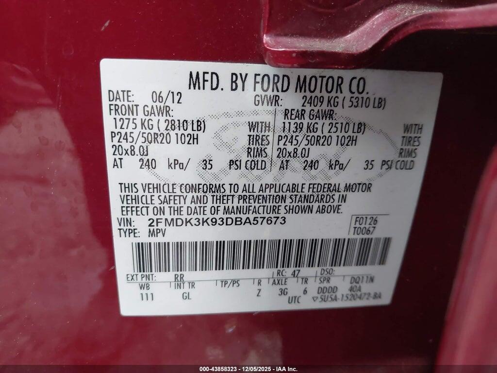 2FMDK3K93DBA57673 2013 FORD EDGE photo no. 9