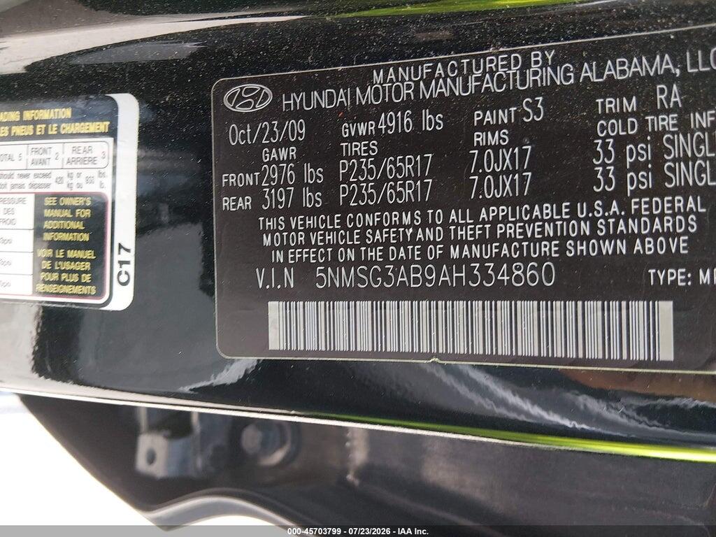 5NMSG3AB9AH334860 2010 HYUNDAI SANTA FE photo no. 9