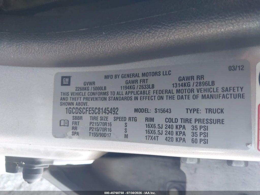 1GCDSCFE5C8145492 2012 CHEVROLET COLORADO photo no. 9