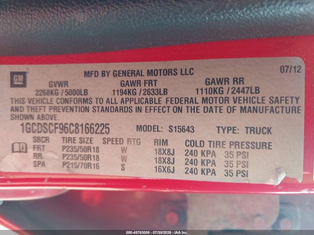 1GCDSCF96C8166225 2012 CHEVROLET COLORADO photo no. 9
