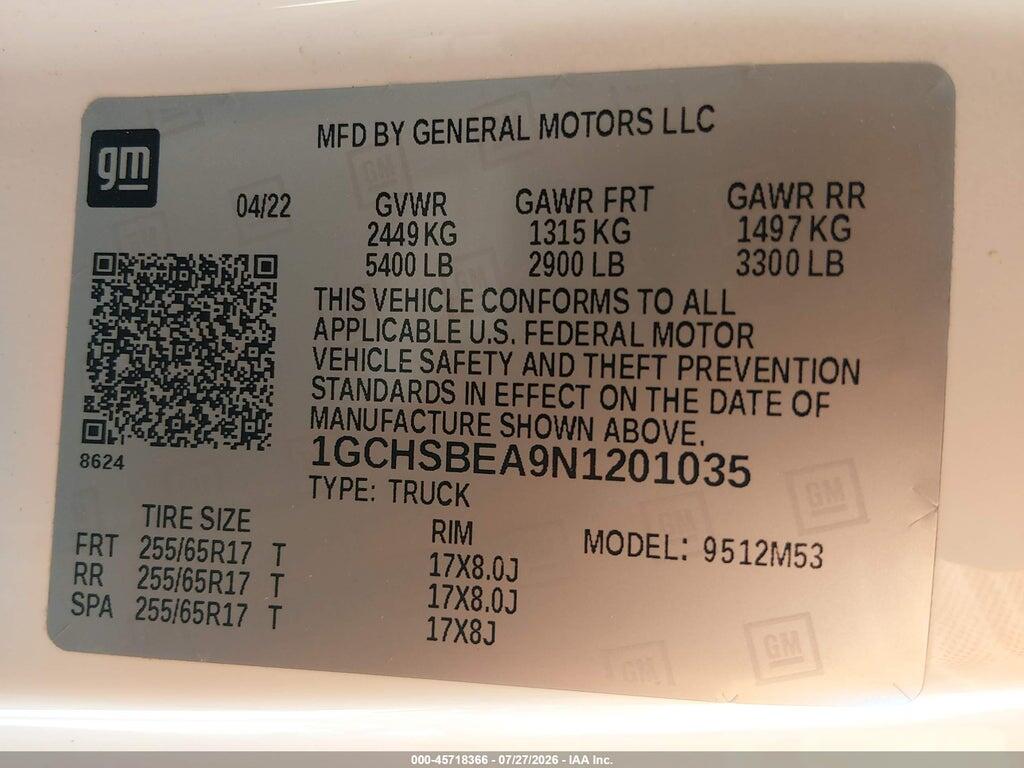 1GCHSBEA9N1201035 2022 CHEVROLET COLORADO photo no. 9
