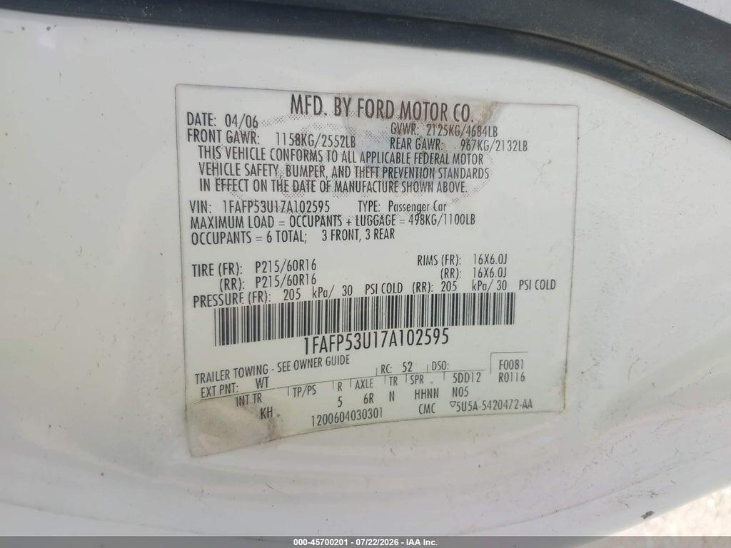 1FAFP53U17A102595 2007 FORD TAURUS photo no. 9