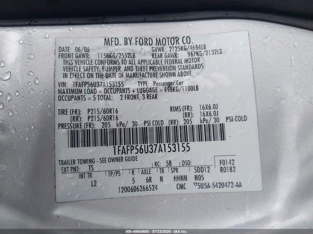 1FAFP56U37A153155 2007 FORD TAURUS photo no. 9