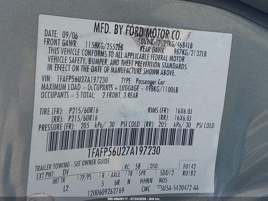 1FAFP56U27A197230 2007 FORD TAURUS photo no. 9