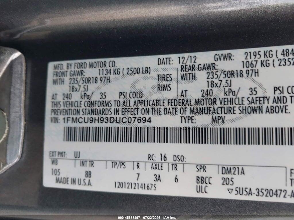 1FMCU9H93DUC07694 2013 FORD ESCAPE photo no. 9