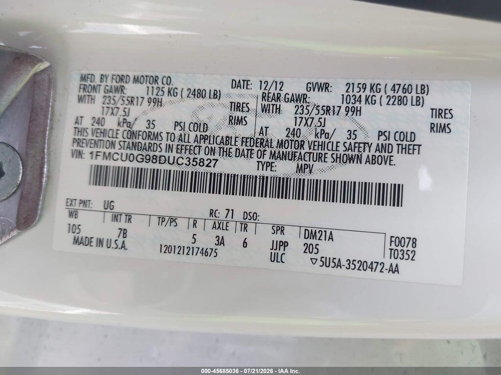 1FMCU0G98DUC35827 2013 FORD ESCAPE photo no. 9