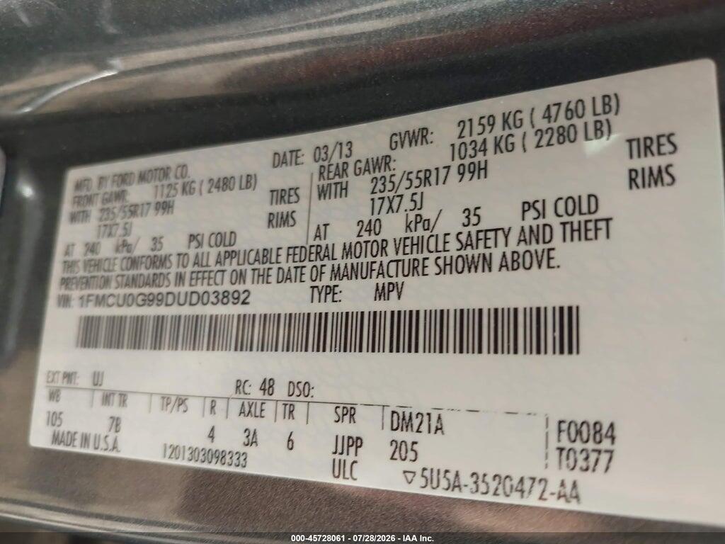 1FMCU0G99DUD03892 2013 FORD ESCAPE photo no. 9