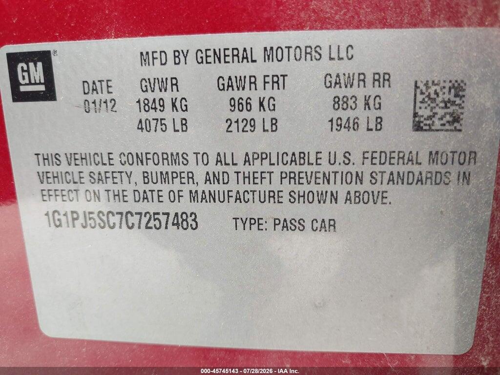 1G1PJ5SC7C7257483 2012 CHEVROLET CRUZE photo no. 9