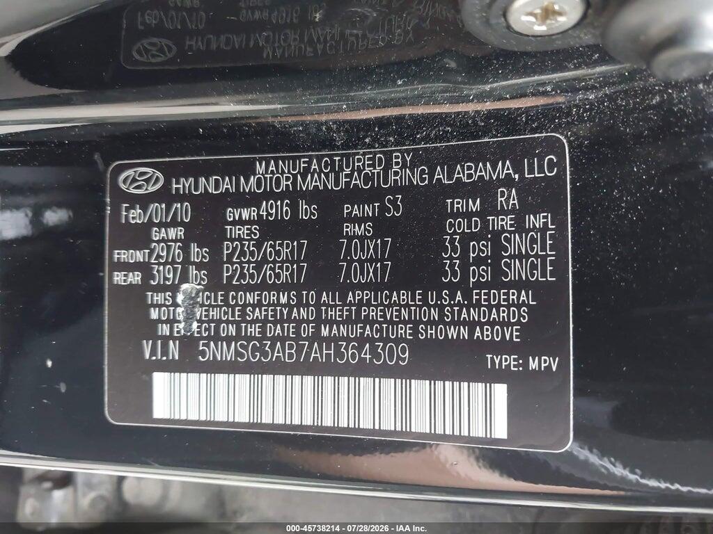 5NMSG3AB7AH364309 2010 HYUNDAI SANTA FE photo no. 9