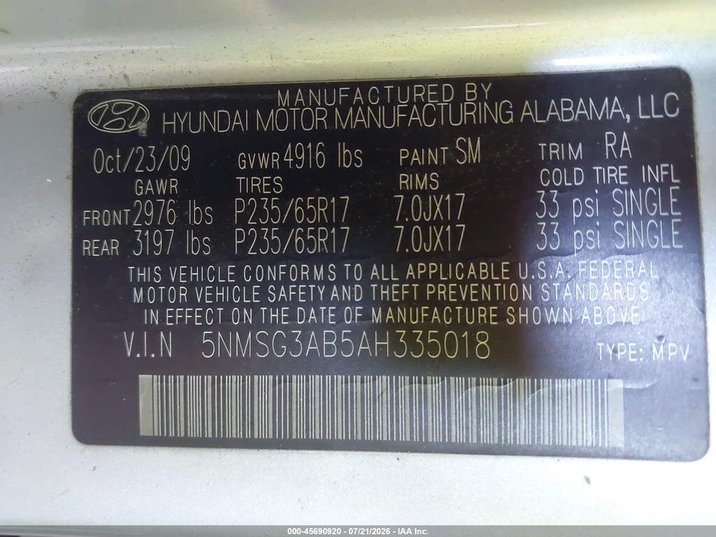5NMSG3AB5AH335018 2010 HYUNDAI SANTA FE photo no. 9