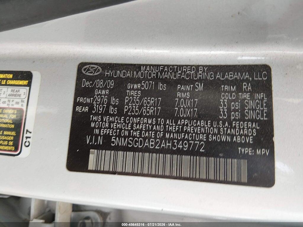 5NMSGDAB2AH349772 2010 HYUNDAI SANTA FE photo no. 9