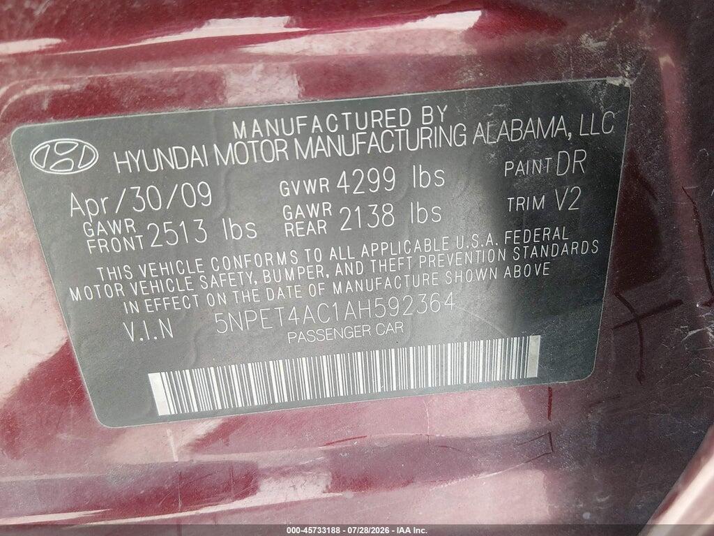 5NPET4AC1AH592364 2010 HYUNDAI SONATA photo no. 9